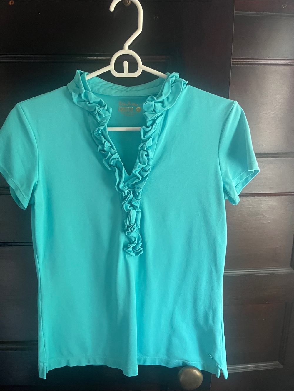 Lilly Pulitzer Turquoise Ruffle V-Neck Short Sleeve Top